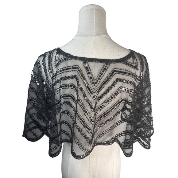 Vintage Black Sequin Sheer Capelet Shrug Bolero - Picture 9 of 14